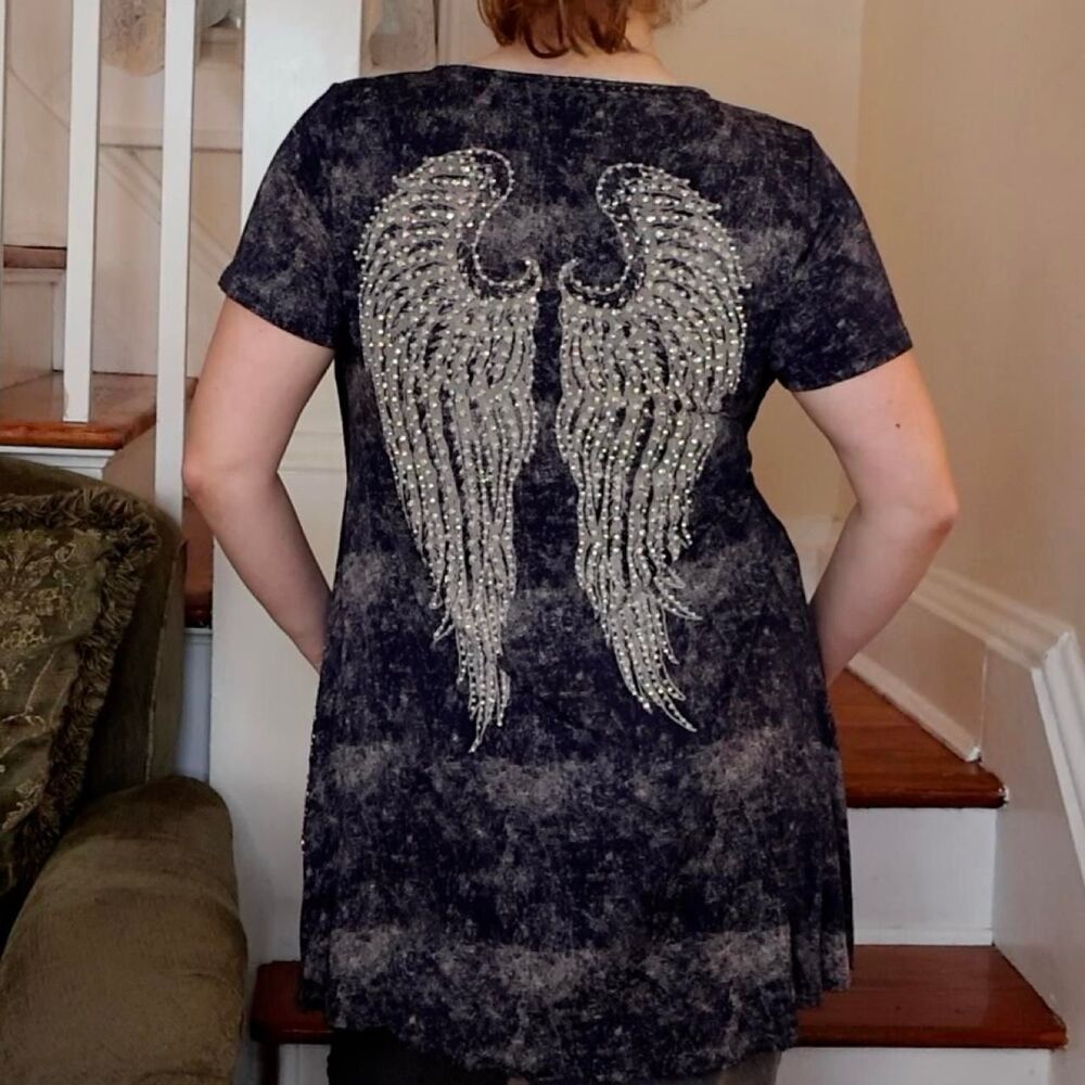 Vocal Y2K Angel Wings Short Sleeve Top Sz Medium Gray Blue Studded Silver Tunic